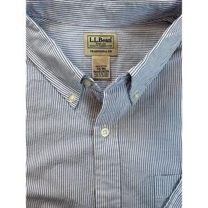 LL Bean Traditional Fit Short Sleeve Button Down Shirt Blue White Stripe XXL